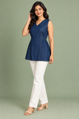 Denim Sleeveless V Neck Solid One Piece with Side Elastic - Havva Fashion - Image 4
