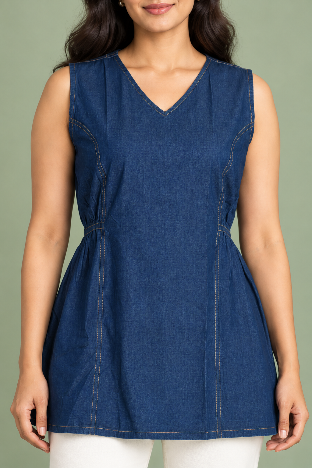 Denim Sleeveless V Neck Solid One Piece with Side Elastic - Havva Fashion - Image 5
