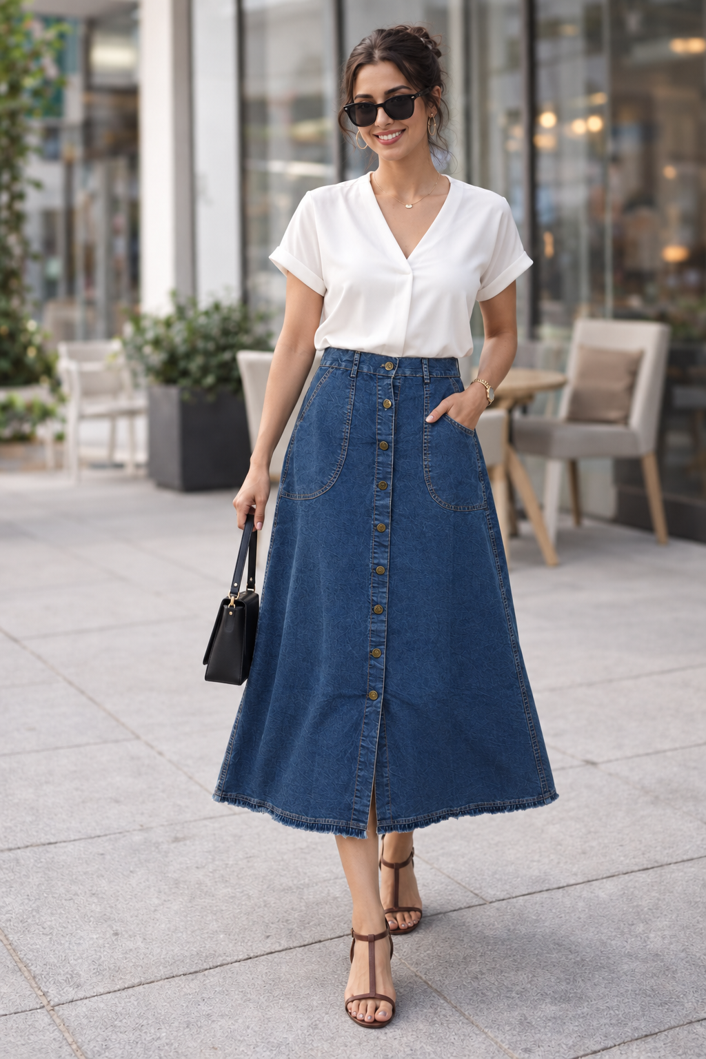 Denim Solid Zeera Wash Button Front Below Knee Skirt - Havva Fashion - Image 1
