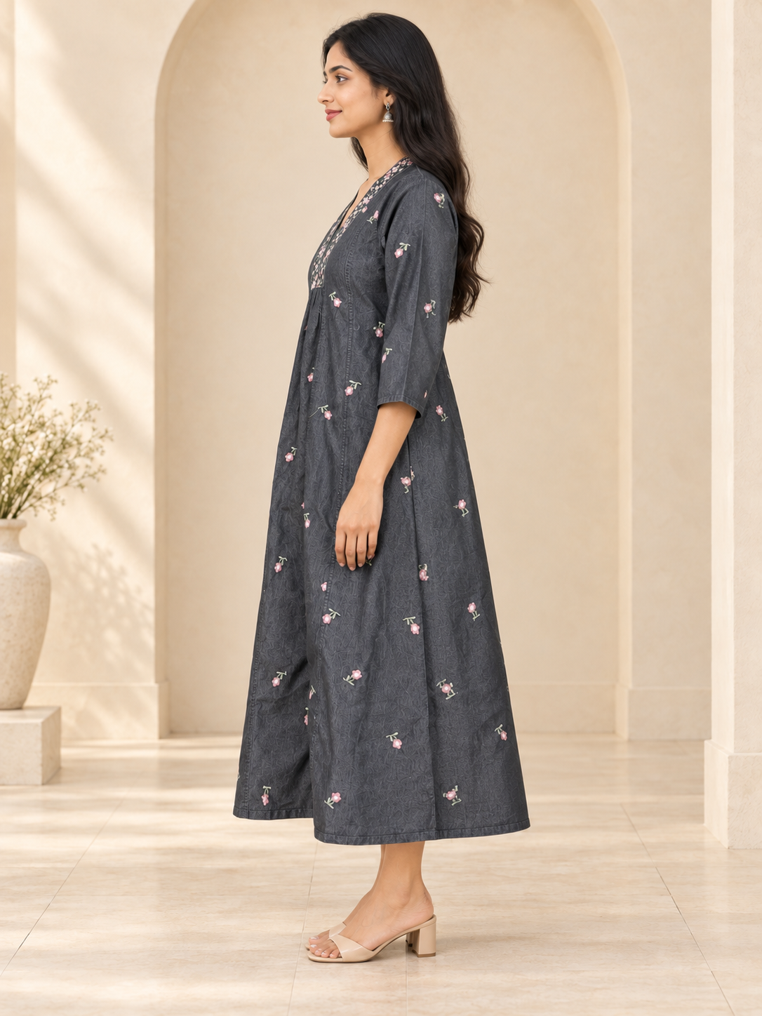 Black Denim Hi Neck Embroidered Pintuck All Over Butta Kali A Line Flare Dress - Havva Fashion - Image 4