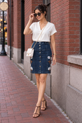 Denim Floral Embroidered Button Front Above Knee Skirt - Havva Fashion - Image 4