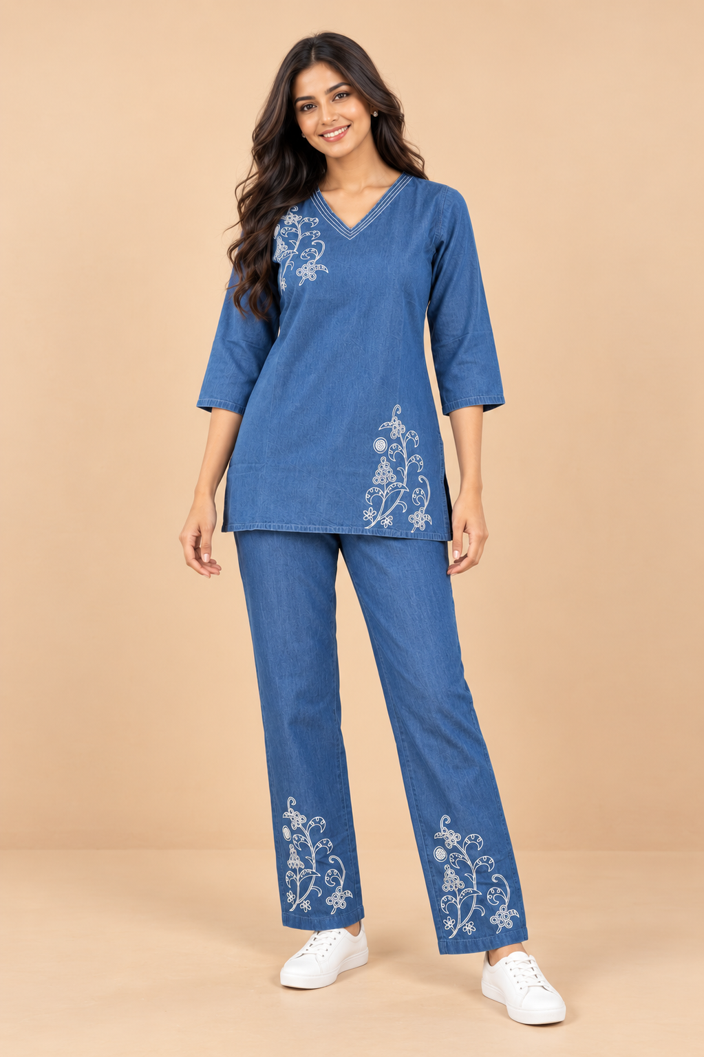 Denim Butta Printed V Neck Co-ord Set - Havva Fashion - Image 1