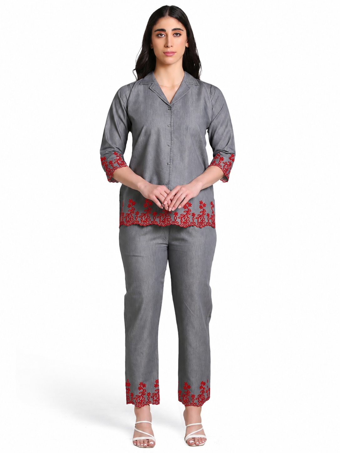 Grey Denim Red Cutwork Embroidered Co-ord Set - Havva Fashion - Image 1