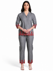 Grey Denim Red Cutwork Embroidered Co-ord Set - Havva Fashion - Image 1