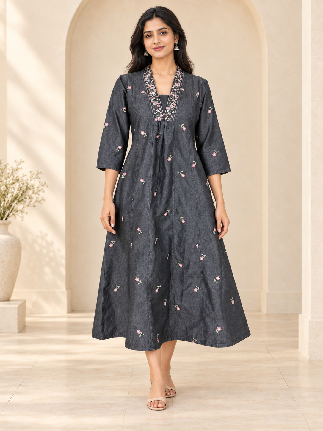 Black Denim Hi Neck Embroidered Pintuck All Over Butta Kali A Line Flare Dress - Havva Fashion - Image 1