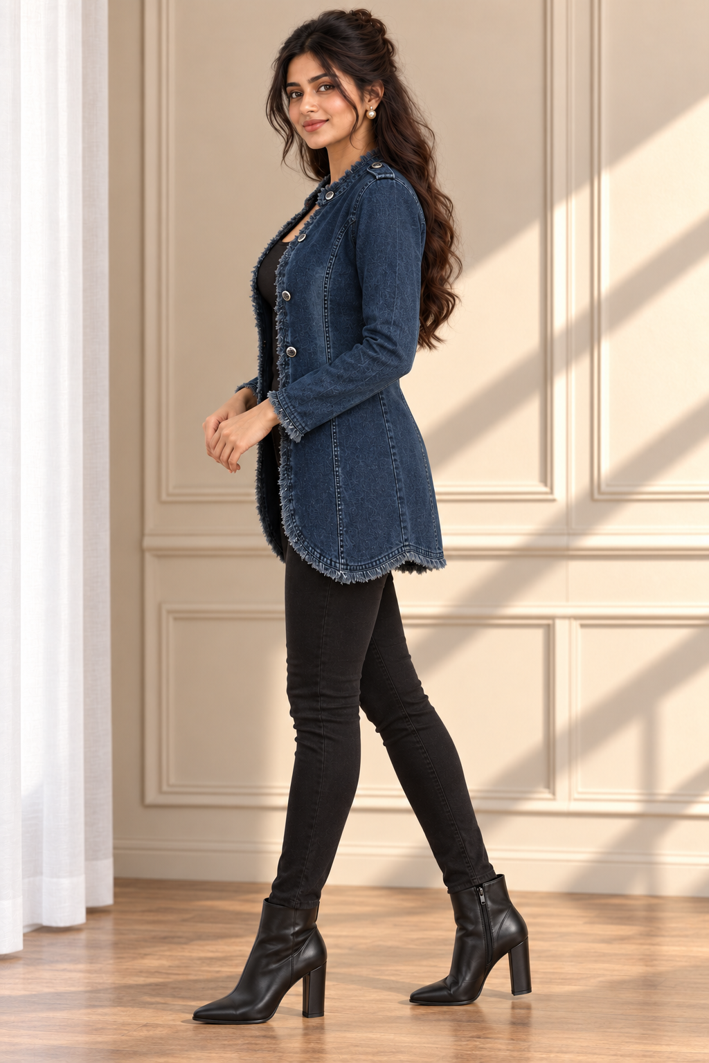 Denim Lycra Frayed Edge Blazer Style Shrug Jacket - Havva Fashion - Image 3