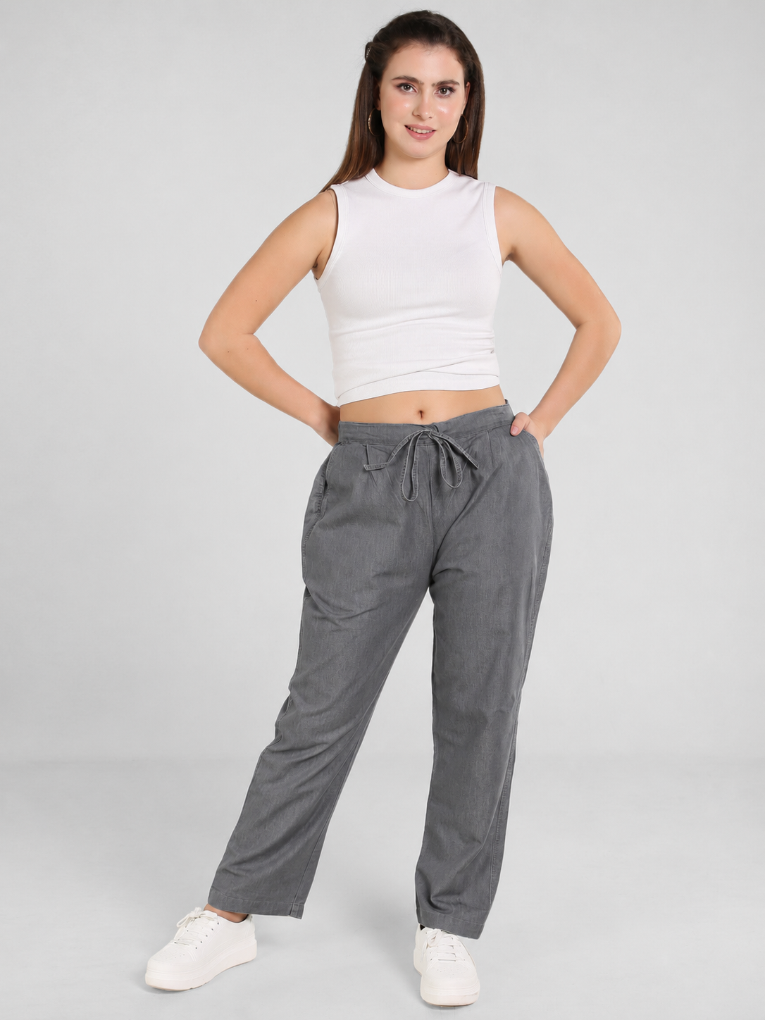 Grey Denim Solid Drawstring Pant - Havva Fashion - Image 1