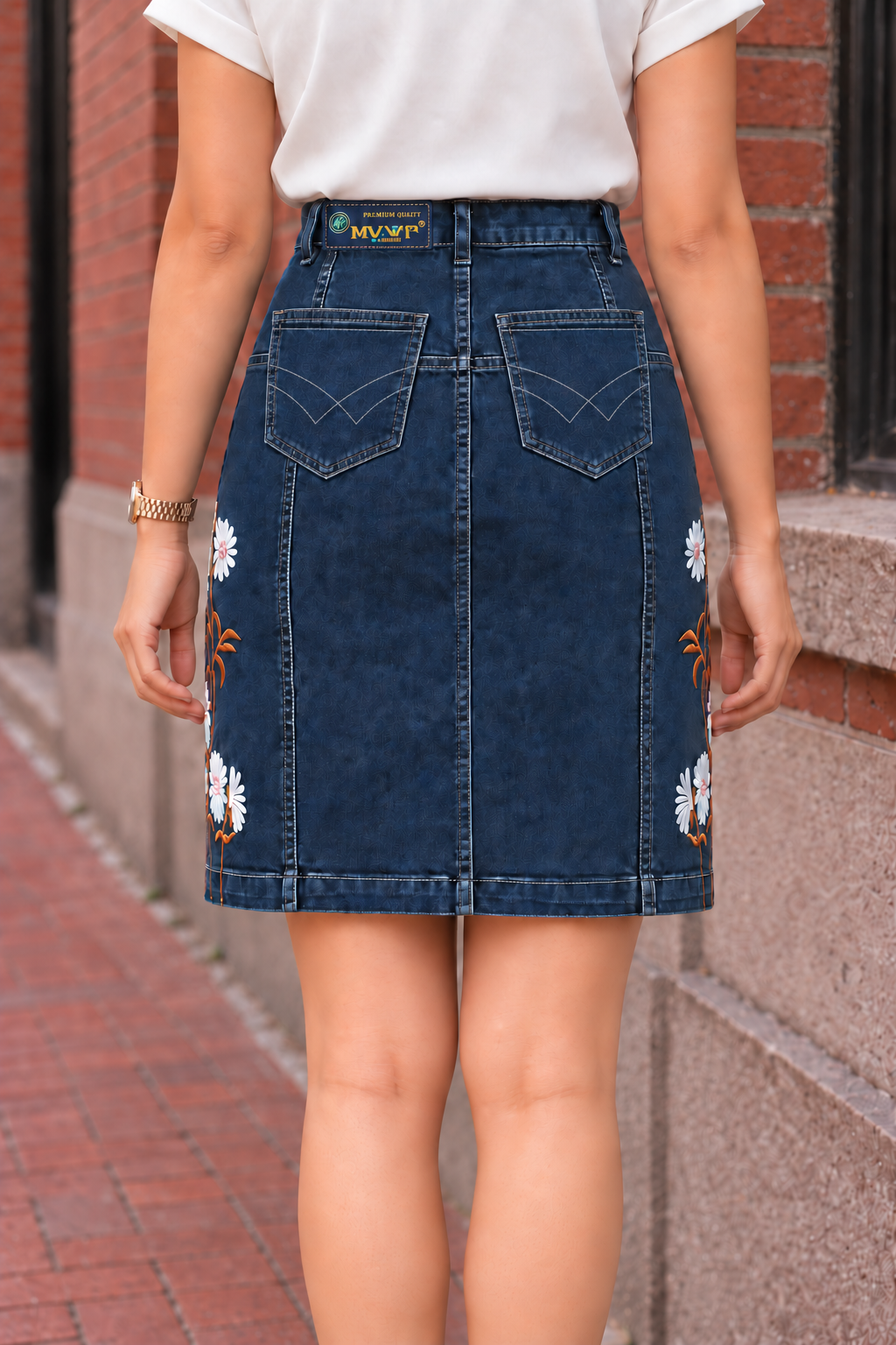 Denim Floral Embroidered Button Front Above Knee Skirt - Havva Fashion - Image 2