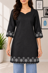 Black Denim Cutwork Embroidered V Neck Knee Length Kurti - Havva Fashion - Image 4