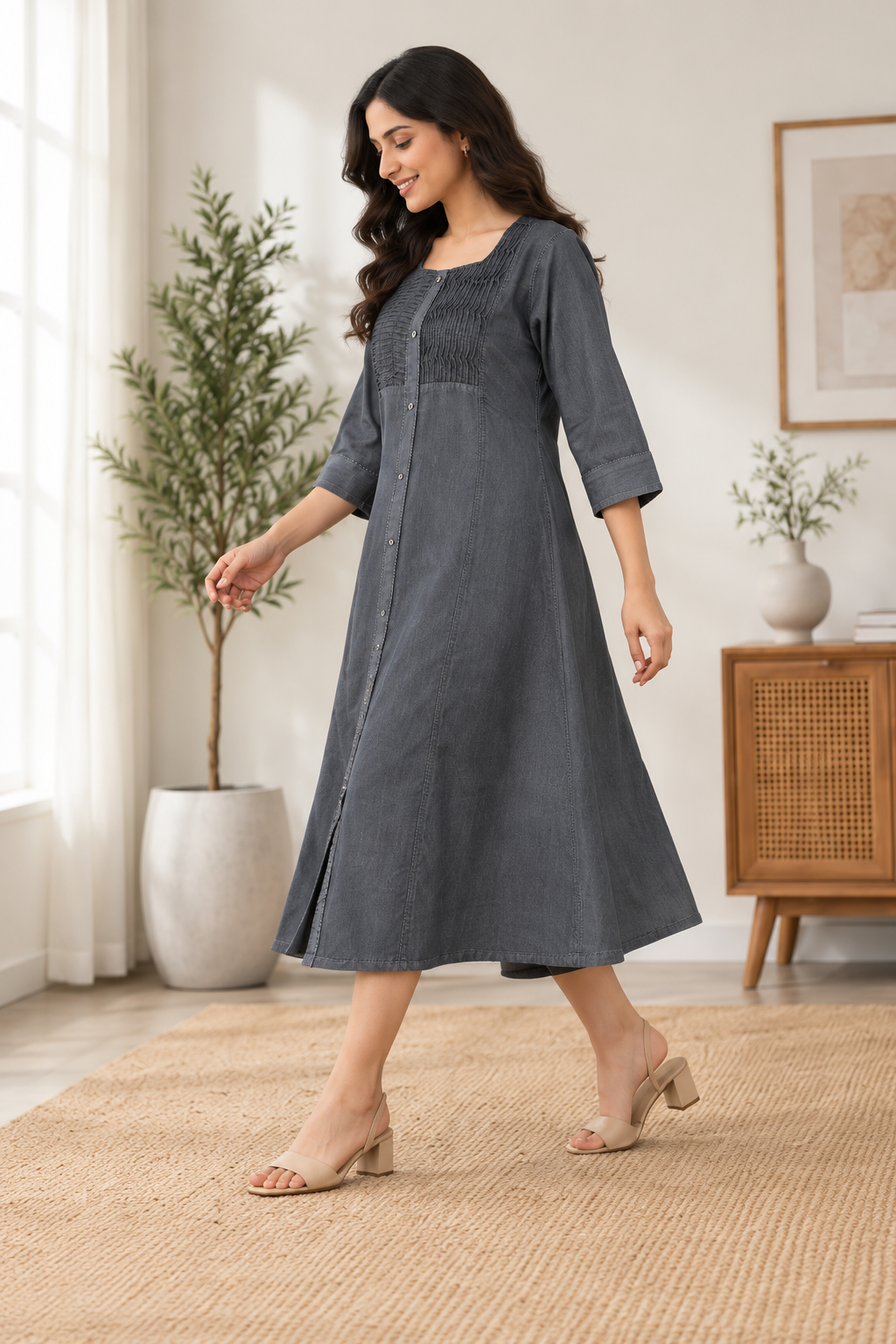 Grey Denim Pintuck Tabla Solid A Line Dress - Havva Fashion - Image 3