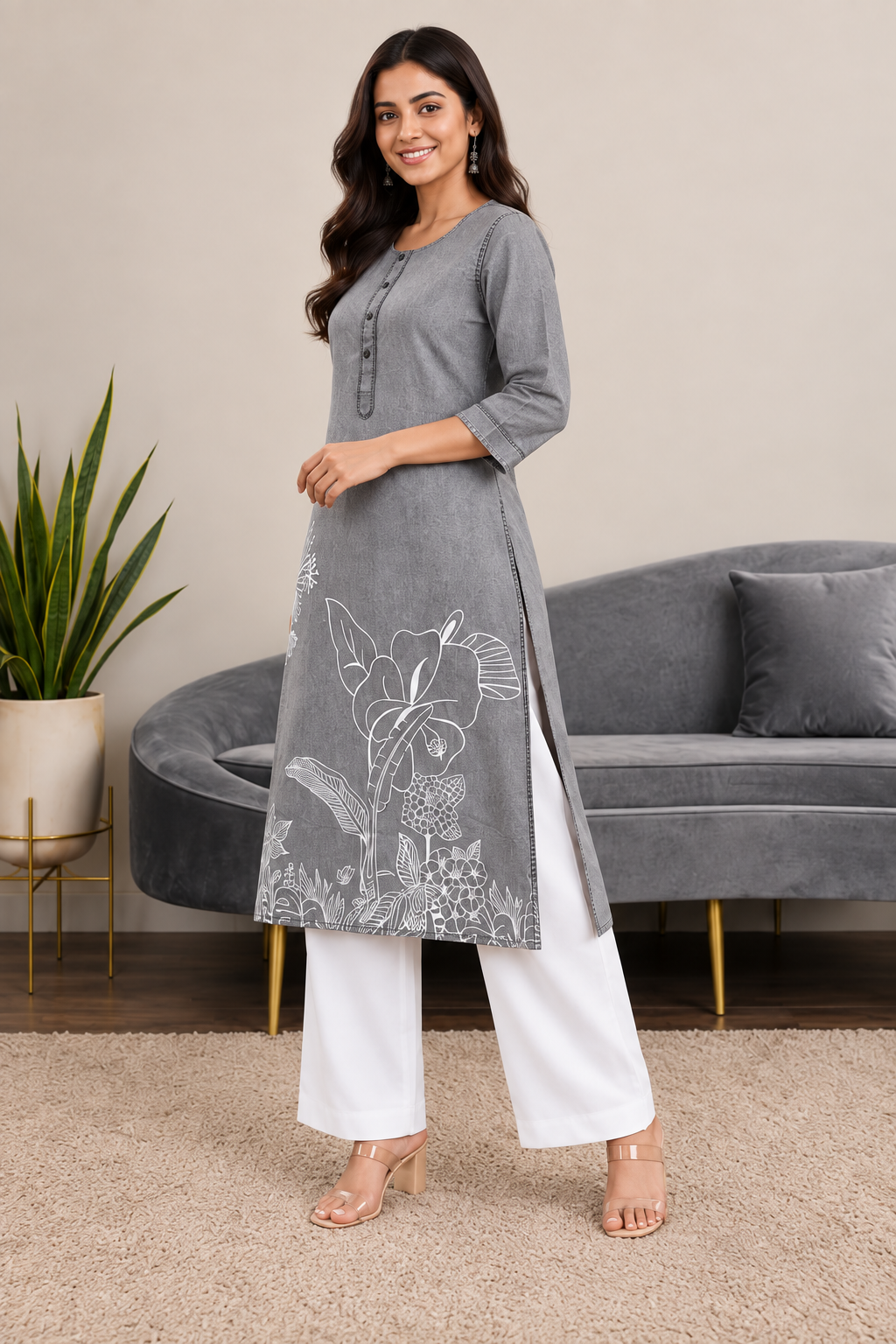 Grey Denim Ball Blast Wash Floral Printed Kurta - Havva Fashion - Image 4