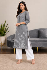 Grey Denim Ball Blast Wash Floral Printed Kurta - Havva Fashion - Image 4