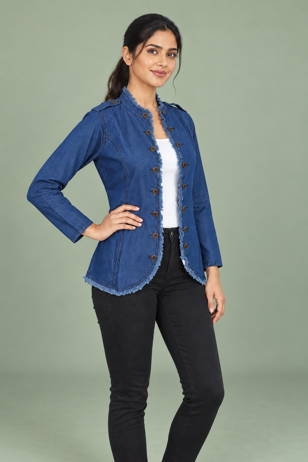 Denim Soft Cotton Frayed Edge Shrug Jacket - Havva Fashion - Image 3