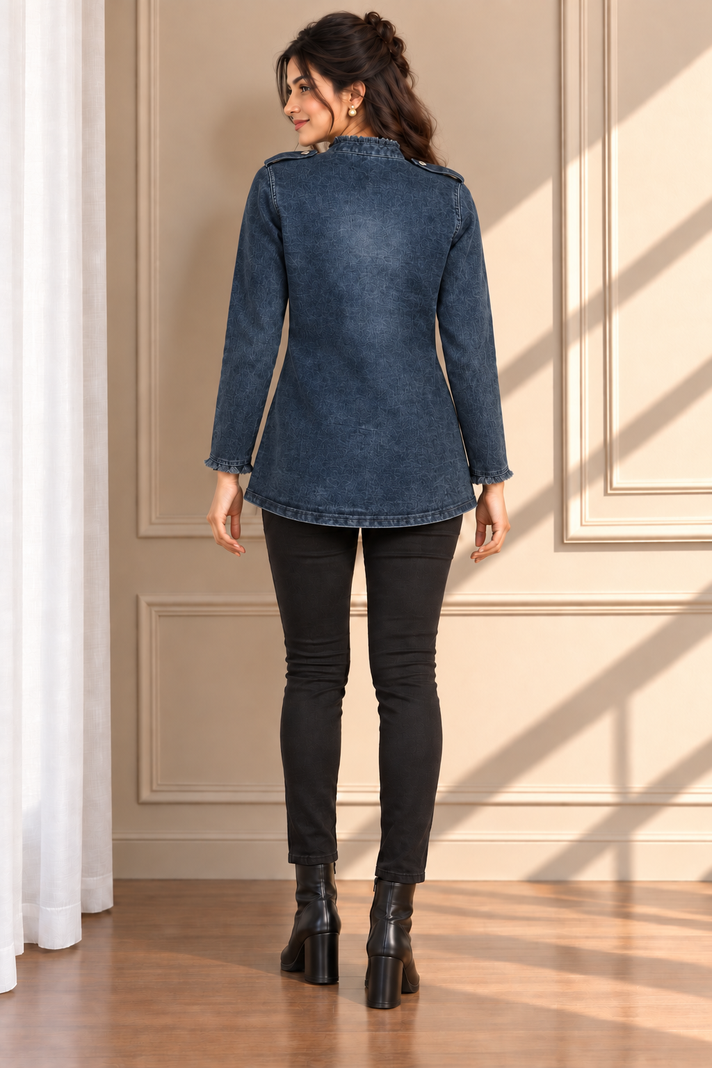 Denim Lycra Frayed Edge Blazer Style Shrug Jacket - Havva Fashion - Image 2