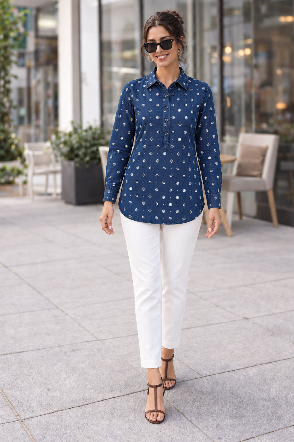 Denim Shirt Collar All Over Star Printed Tunic Top - Havva Fashion - Image 1
