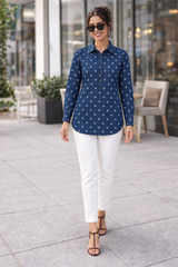 Denim Shirt Collar All Over Star Printed Tunic Top - Havva Fashion - Image 1