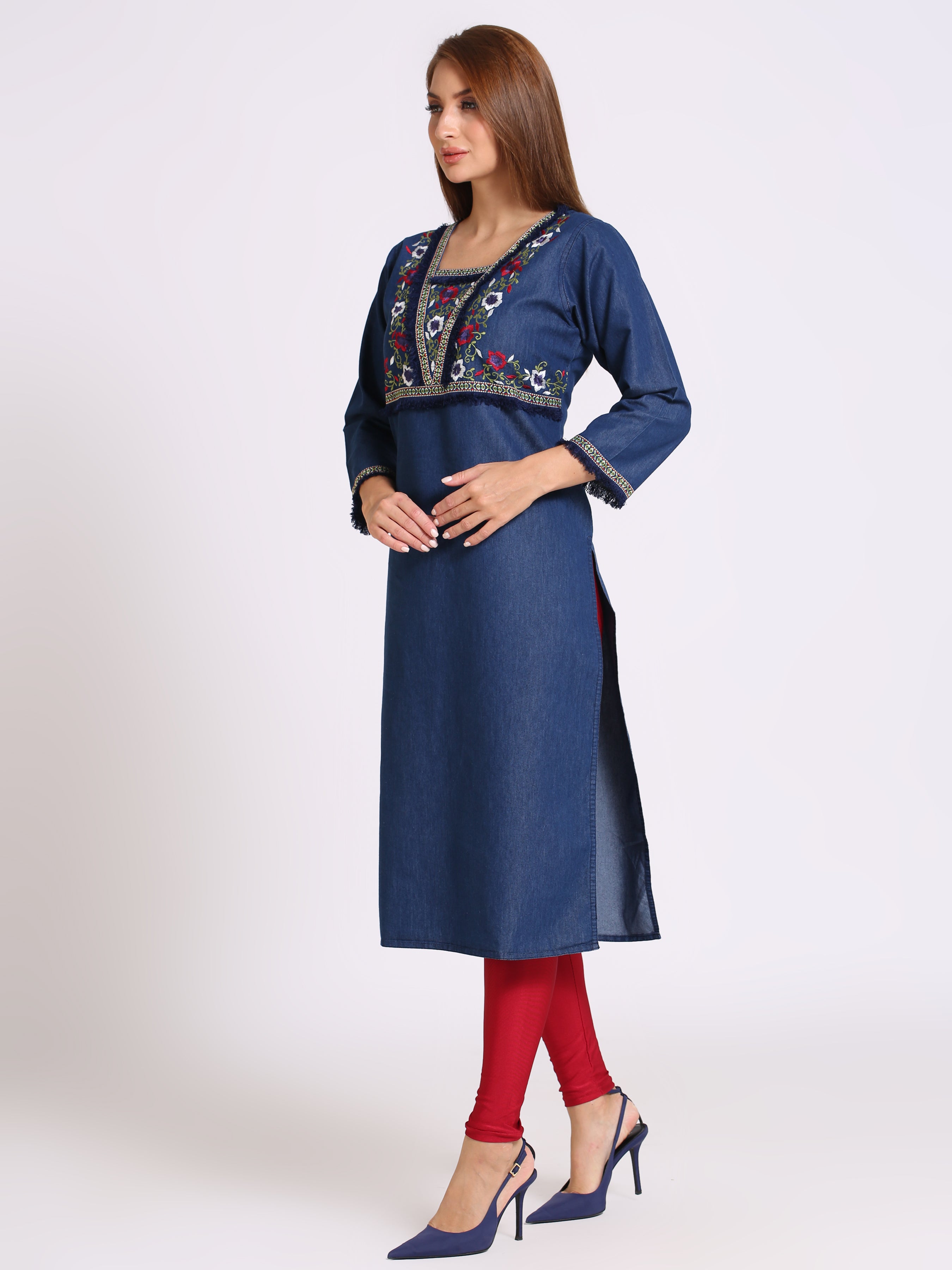 Denim Embroidered Kurta