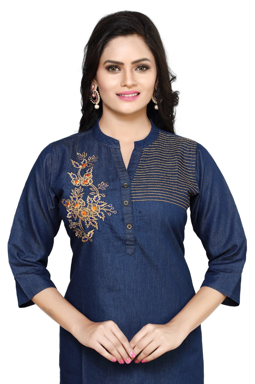 Denim Embroidered Kurta