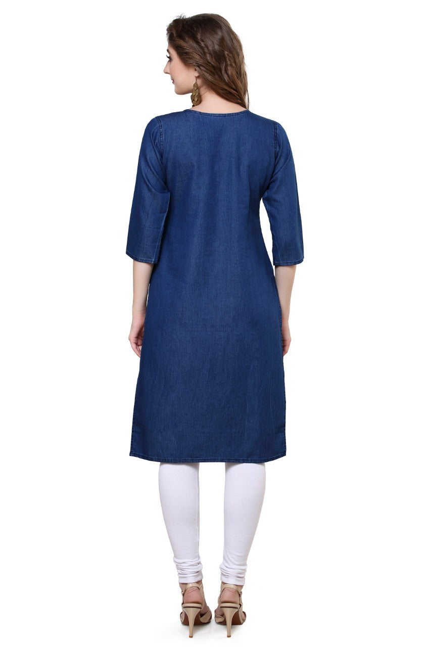 Denim Embroidered Dori Kantha Work Mandarin Kurta