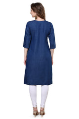 Denim Embroidered Dori Kantha Work Mandarin Kurta