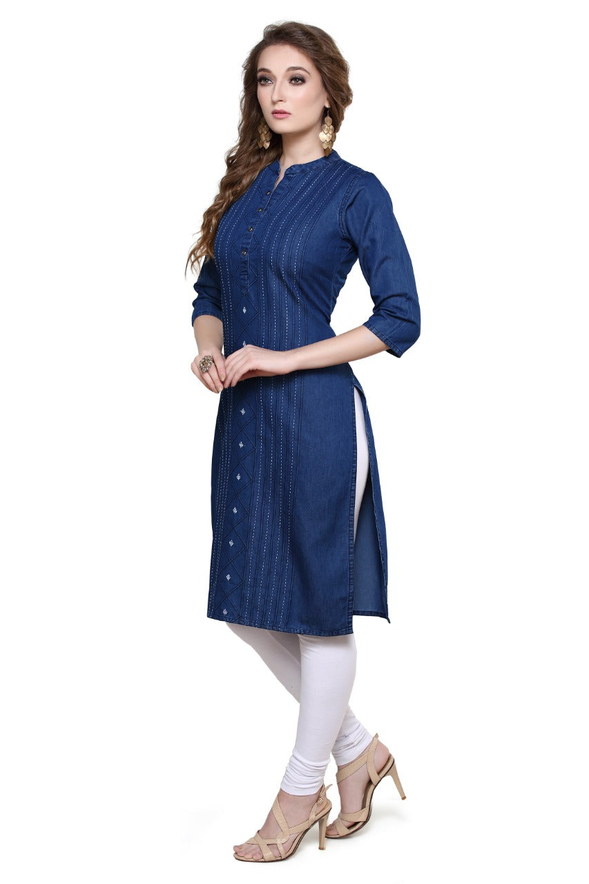 Denim Embroidered Dori Kantha Work Mandarin Kurta