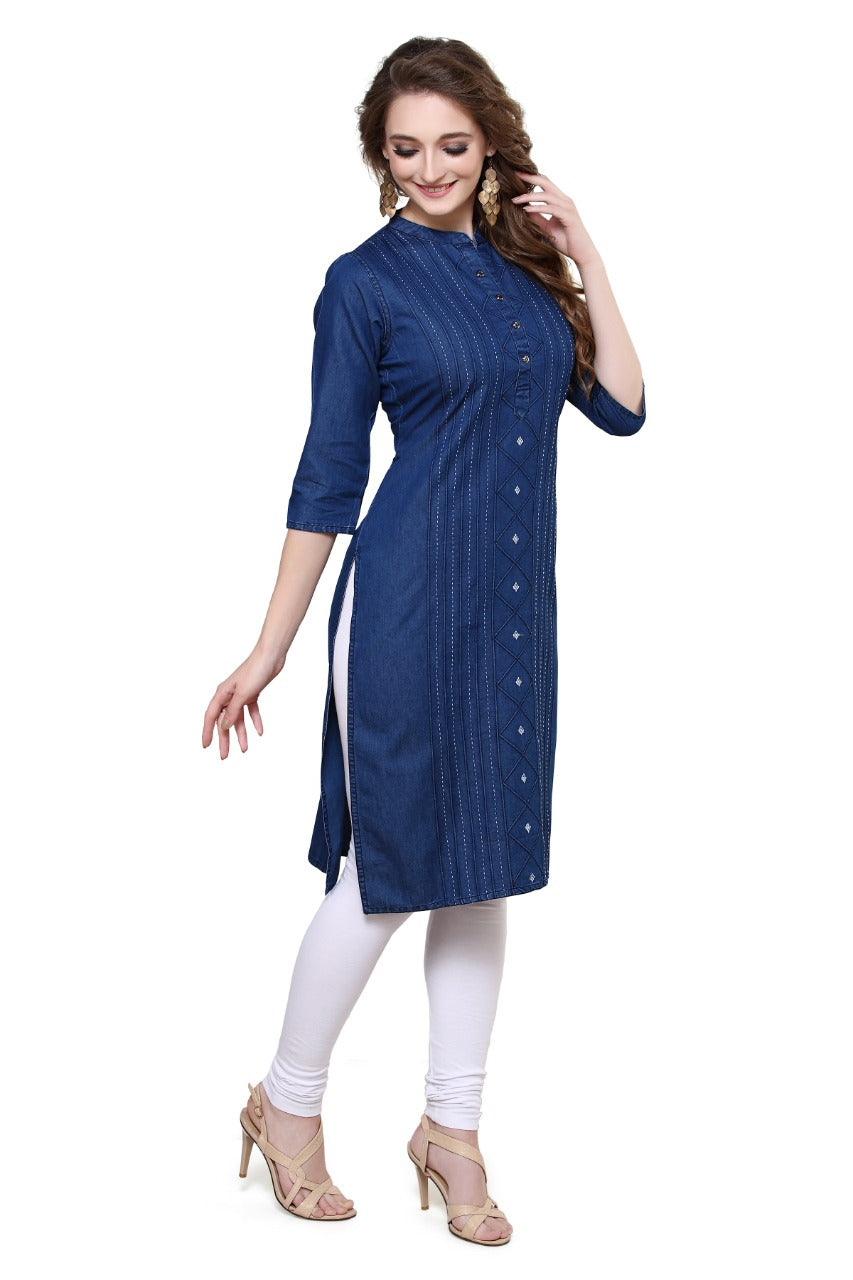 Denim Embroidered Dori Kantha Work Mandarin Kurta
