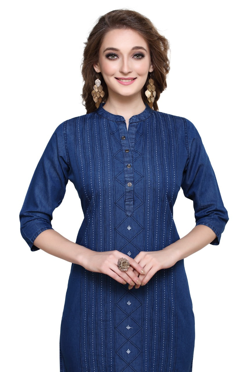 Denim Embroidered Dori Kantha Work Mandarin Kurta