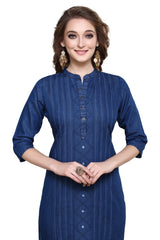 Denim Embroidered Dori Kantha Work Mandarin Kurta