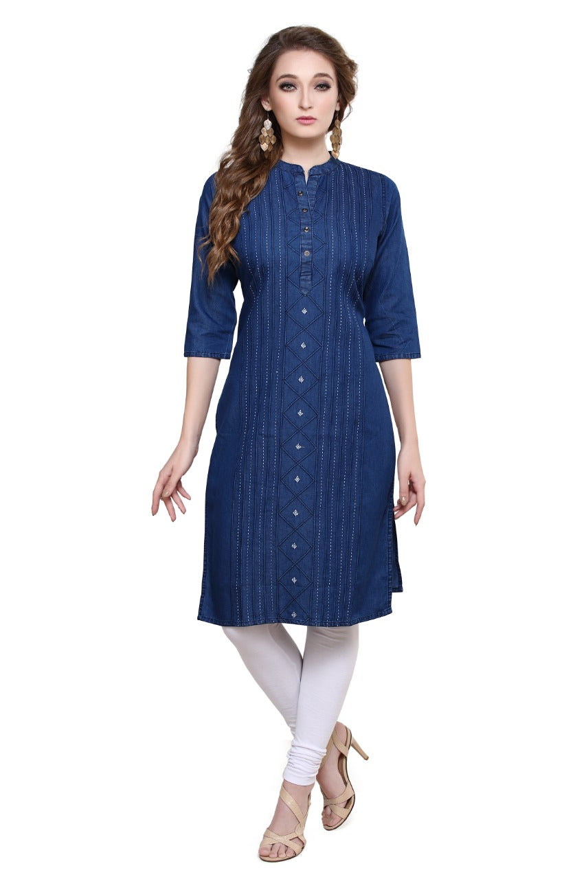 A woman modeling a blue three-quarter sleeve kurta with vertical stripes, white pants, and beige heels against a plain white background.
