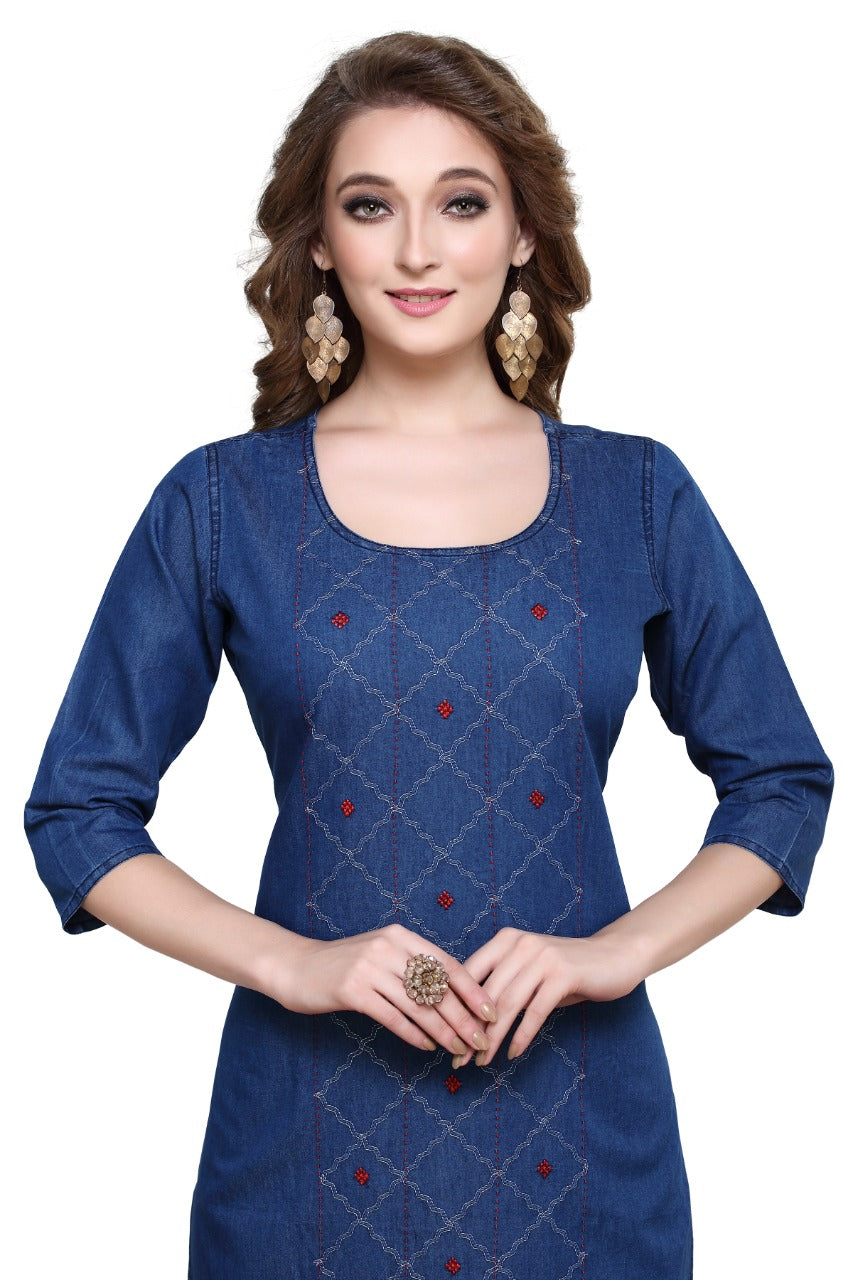 Denim Embroidered Kurta