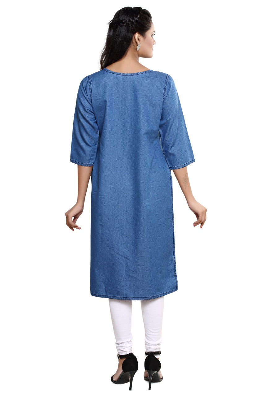 Denim Embroidered Round Neck Kurta