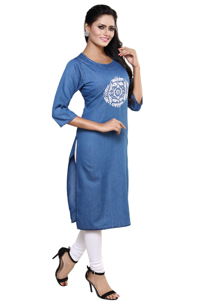 Denim Embroidered Round Neck Kurta