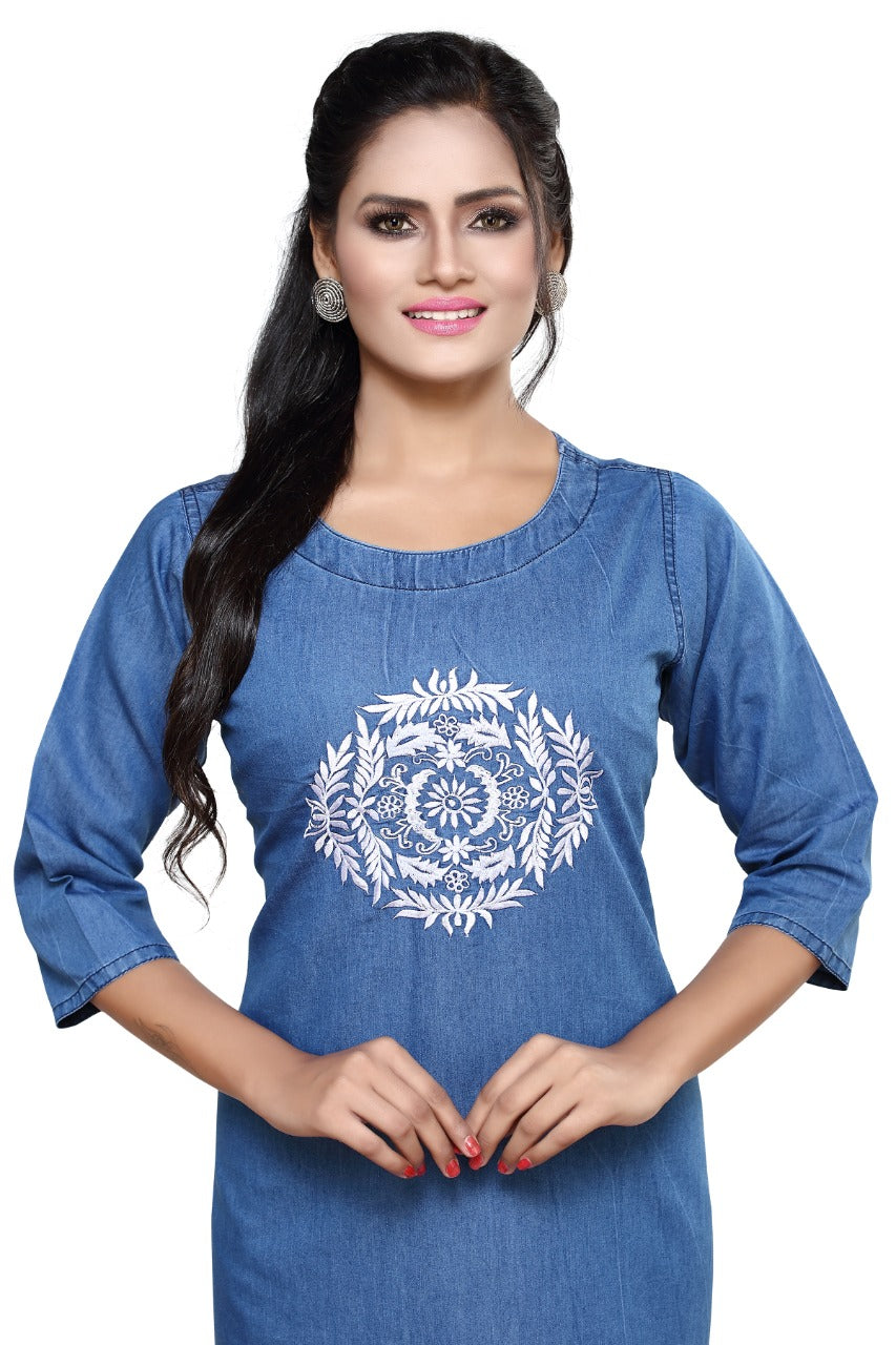 Denim Embroidered Round Neck Kurta