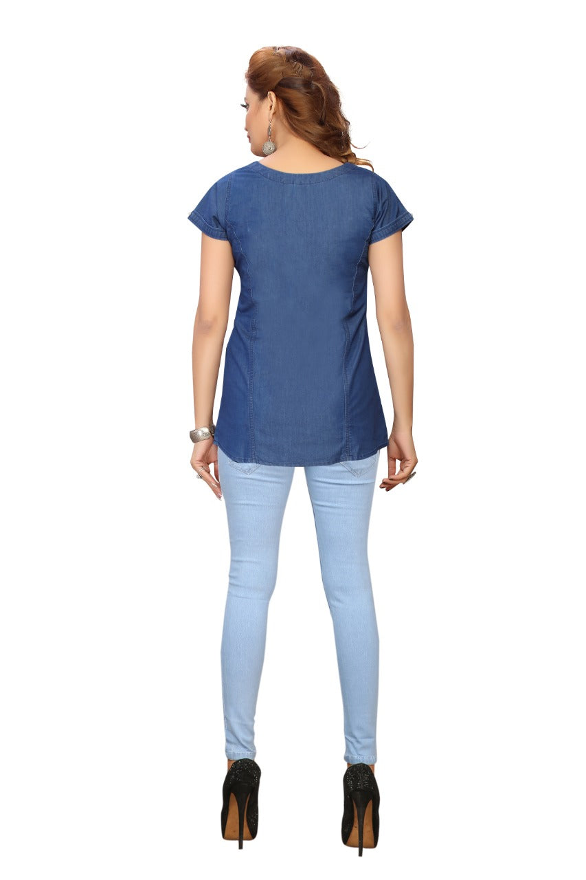 Denim Butta Embroidered Cross Luppi Border Tabla HSL Round Neck Kurti