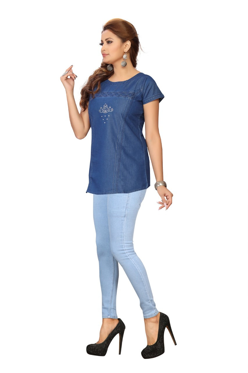 Denim Butta Embroidered Cross Luppi Border Tabla HSL Round Neck Kurti