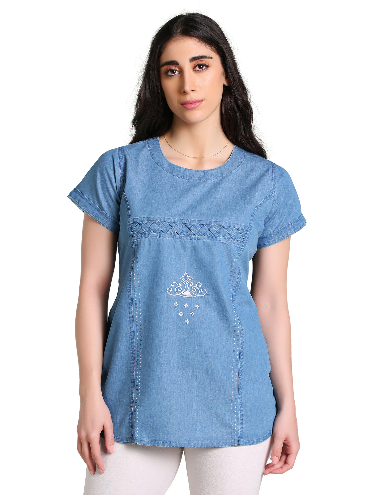 Denim Butta Embroidered Cross Luppi Border Tabla HSL Round Neck Kurti