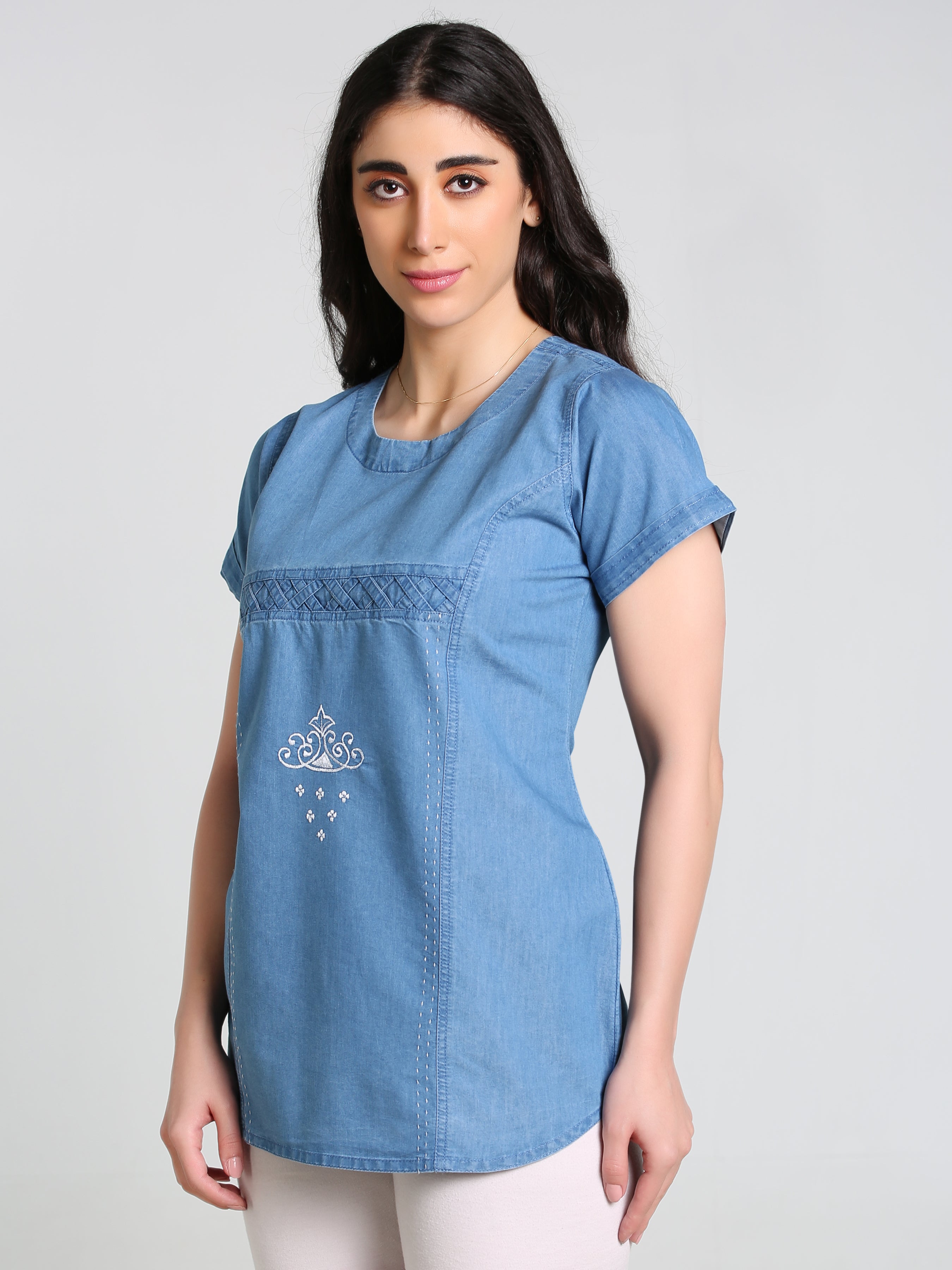 Denim Butta Embroidered Cross Luppi Border Tabla HSL Round Neck Kurti