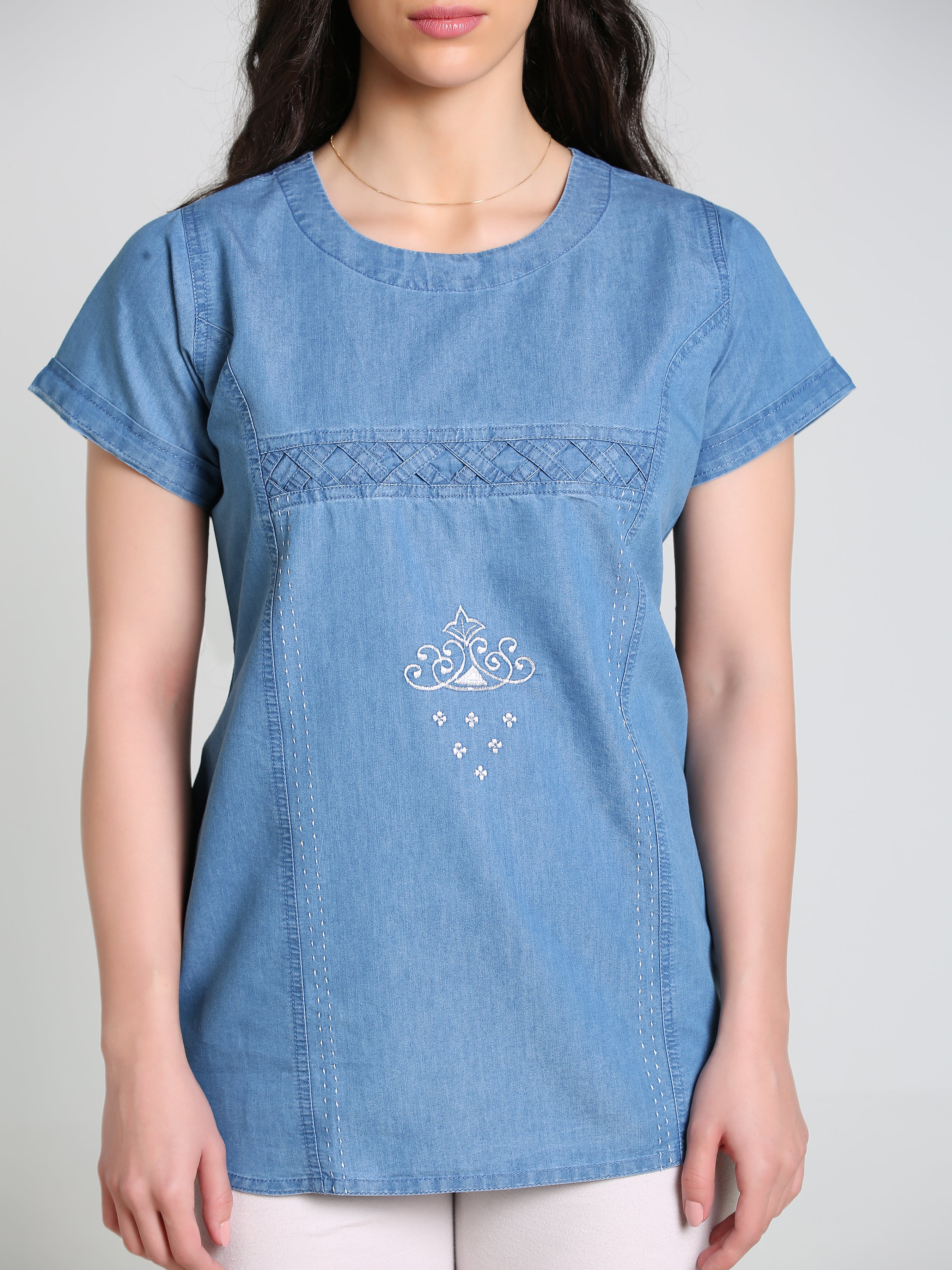 Denim Butta Embroidered Cross Luppi Border Tabla HSL Round Neck Kurti