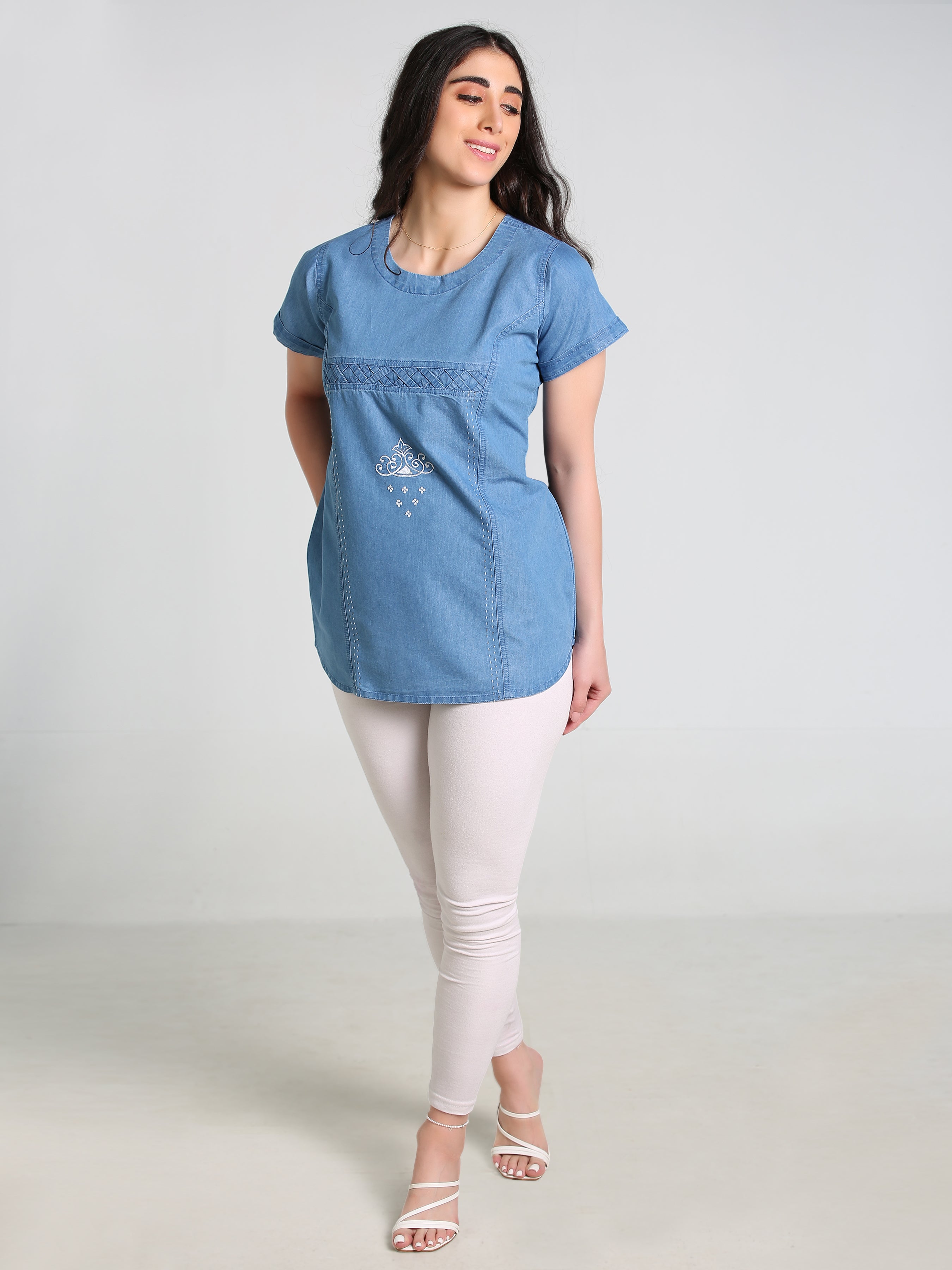 Denim Butta Embroidered Cross Luppi Border Tabla HSL Round Neck Kurti