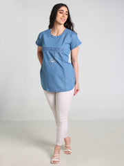 Denim Butta Embroidered Cross Luppi Border Tabla HSL Round Neck Kurti