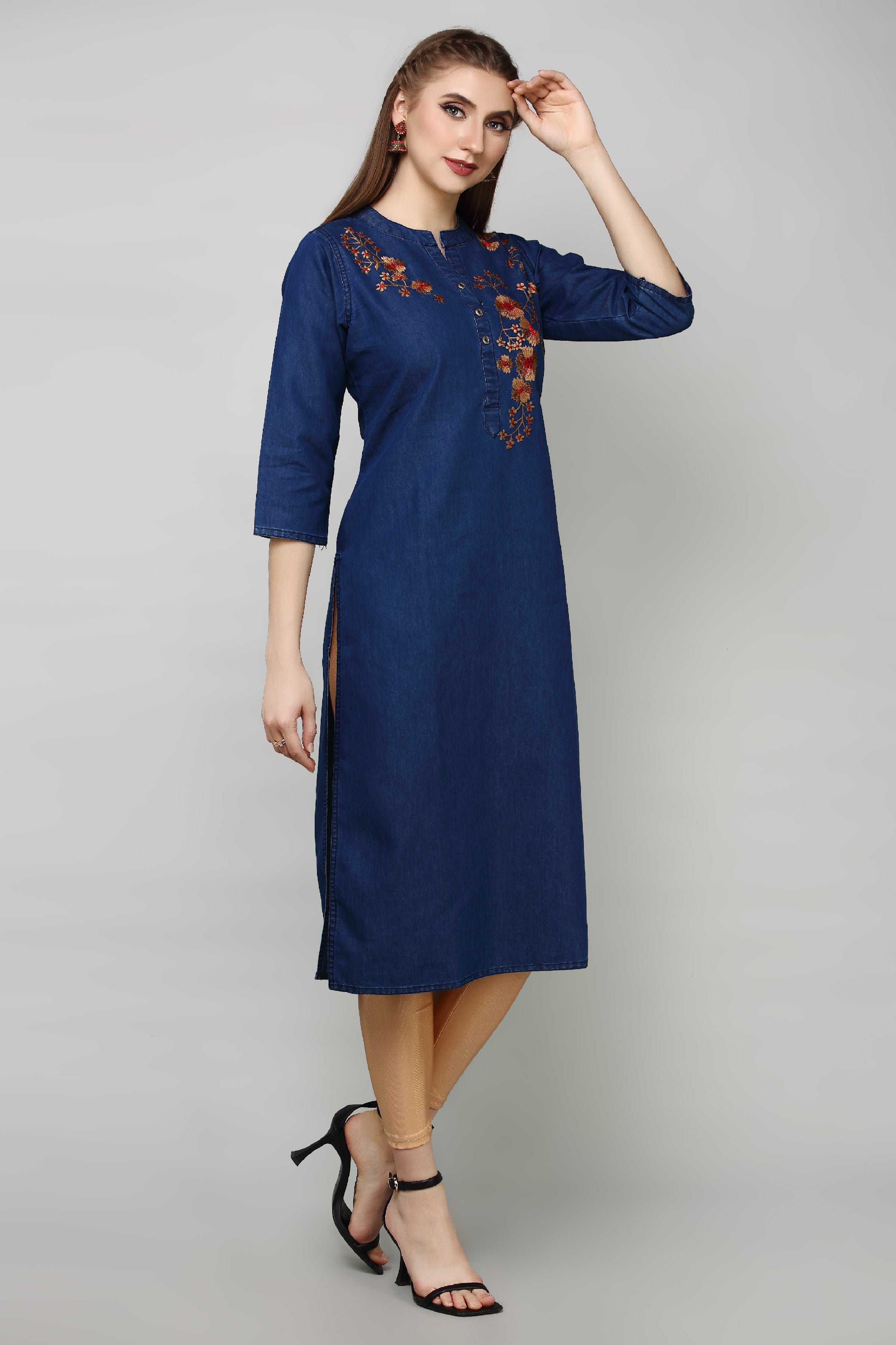 Denim Embroidered Kurta