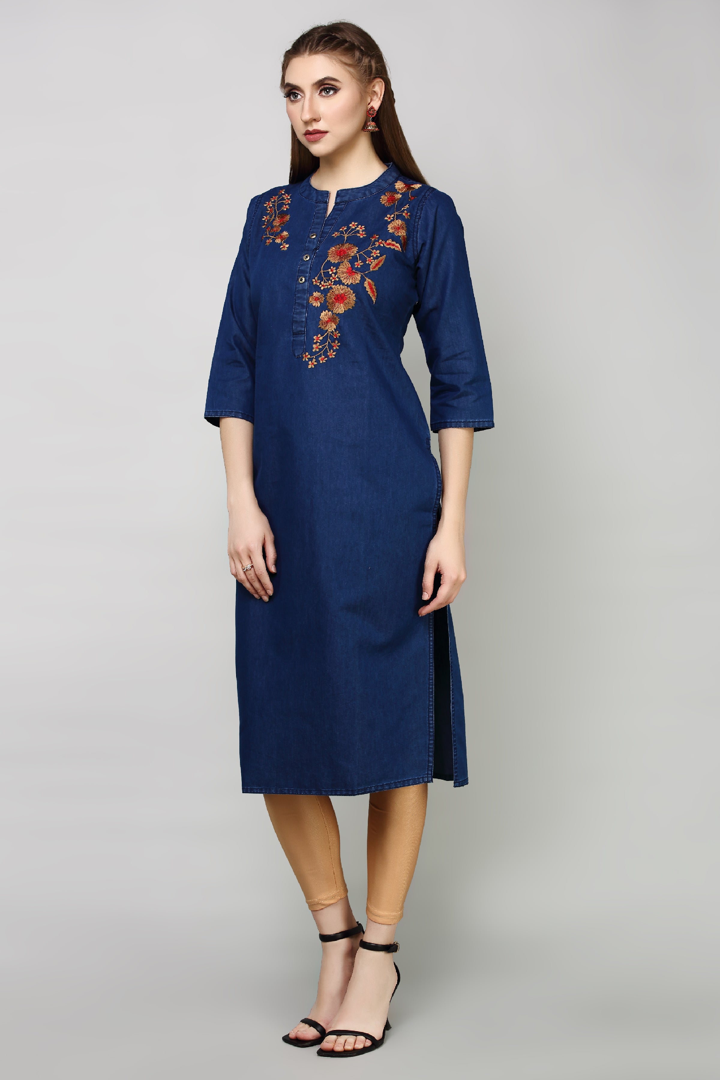 Denim Embroidered Kurta