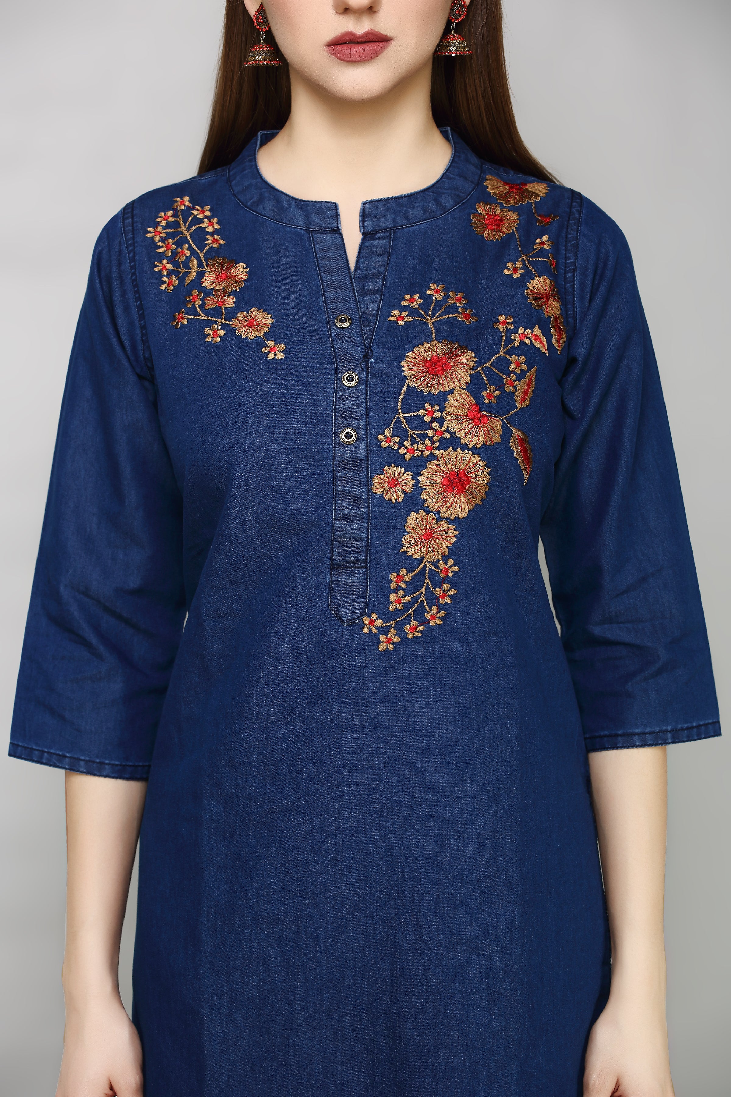 Denim Embroidered Kurta