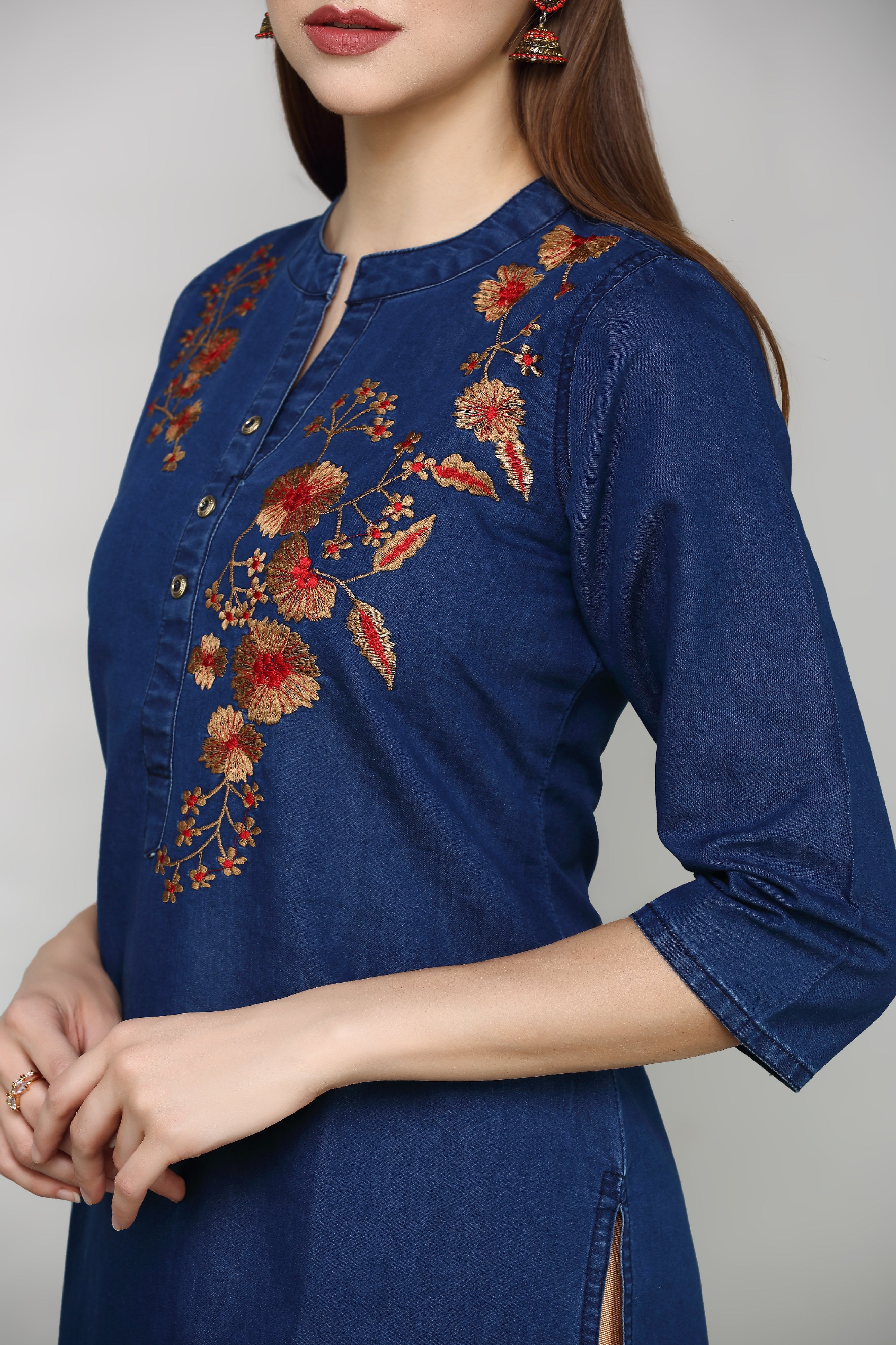 Denim Embroidered Kurta