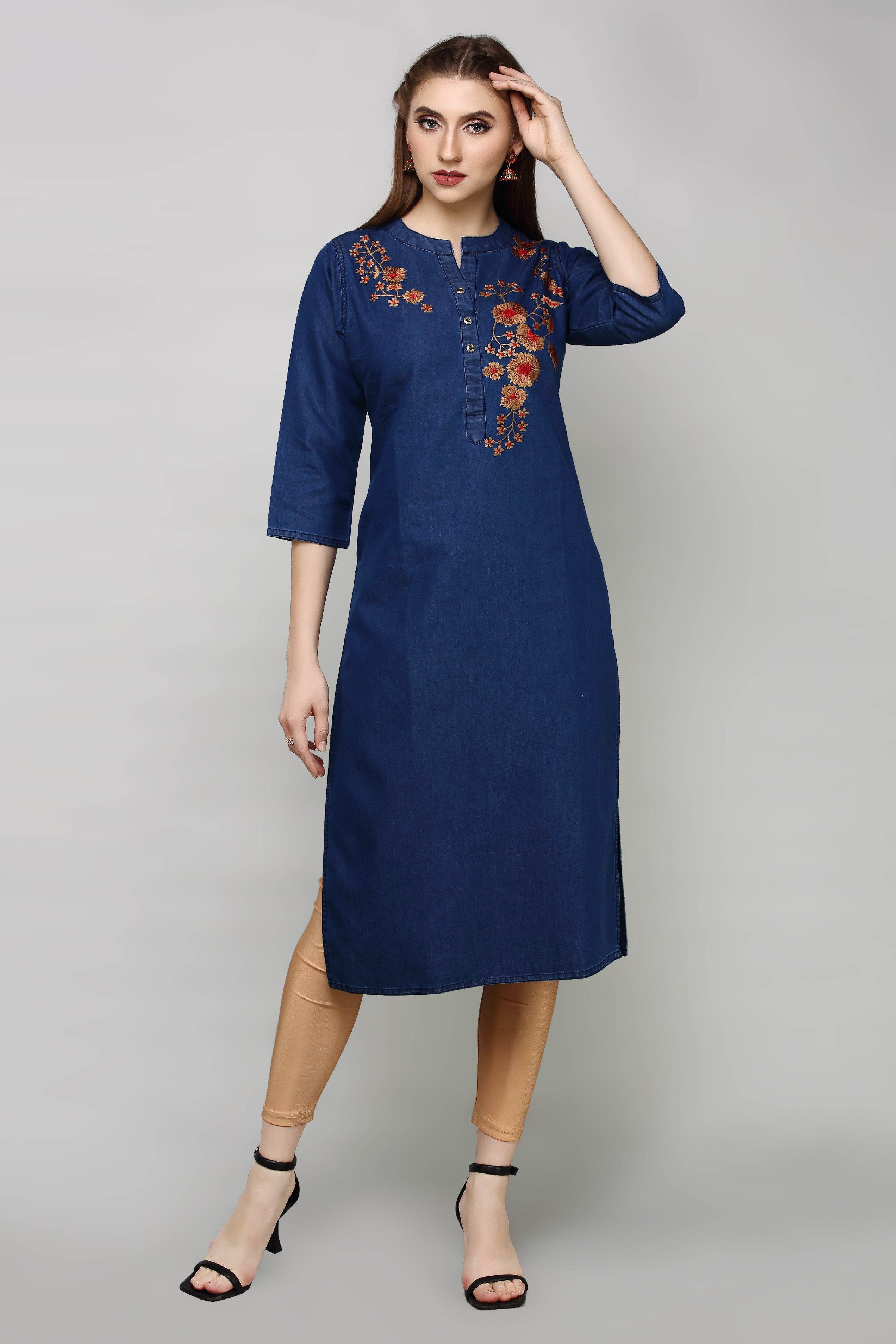 Denim Embroidered Kurta