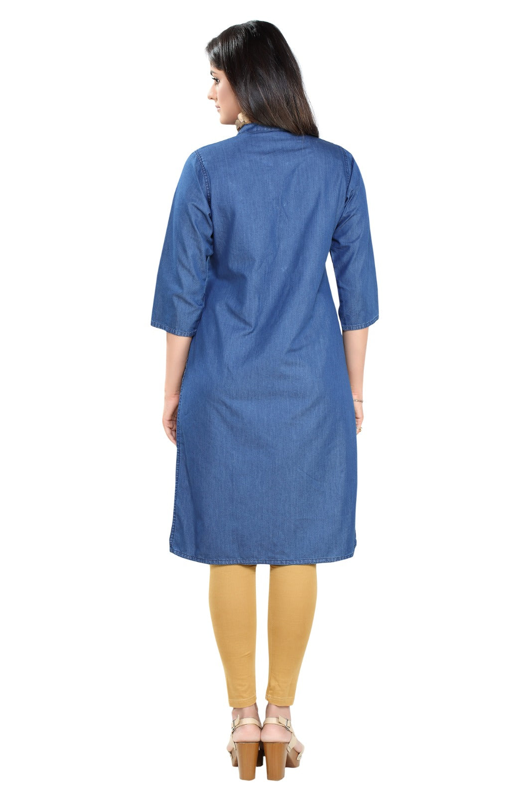 Denim Embroidered Fawn Colour Butta Mandarin Collar Kurta