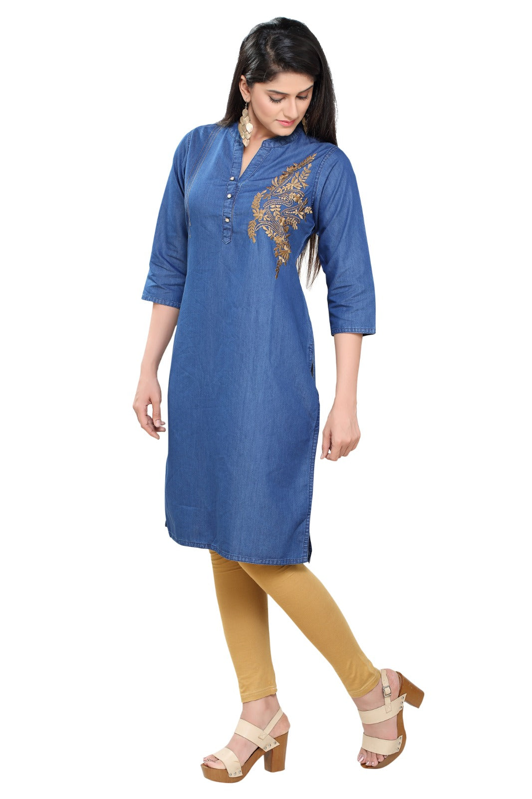 Denim Embroidered Fawn Colour Butta Mandarin Collar Kurta