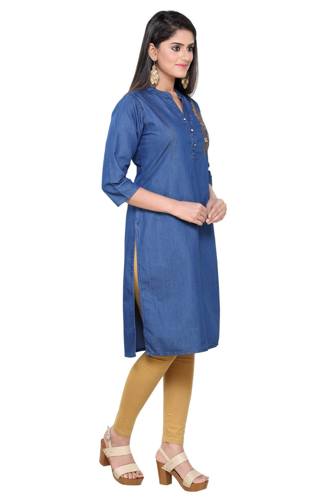 Denim Embroidered Fawn Colour Butta Mandarin Collar Kurta