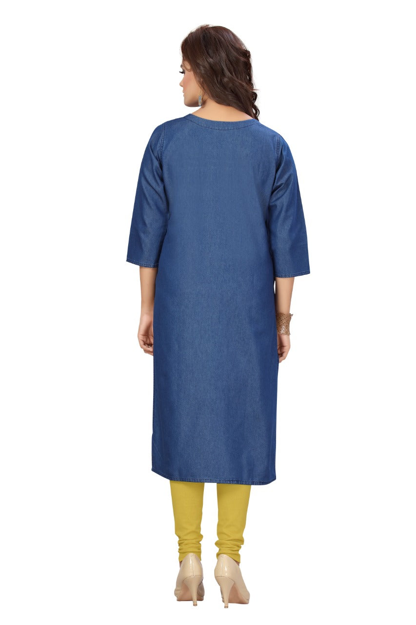 Denim Embroidered Tabla Round Neck Kurta