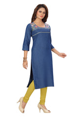 Denim Embroidered Tabla Round Neck Kurta
